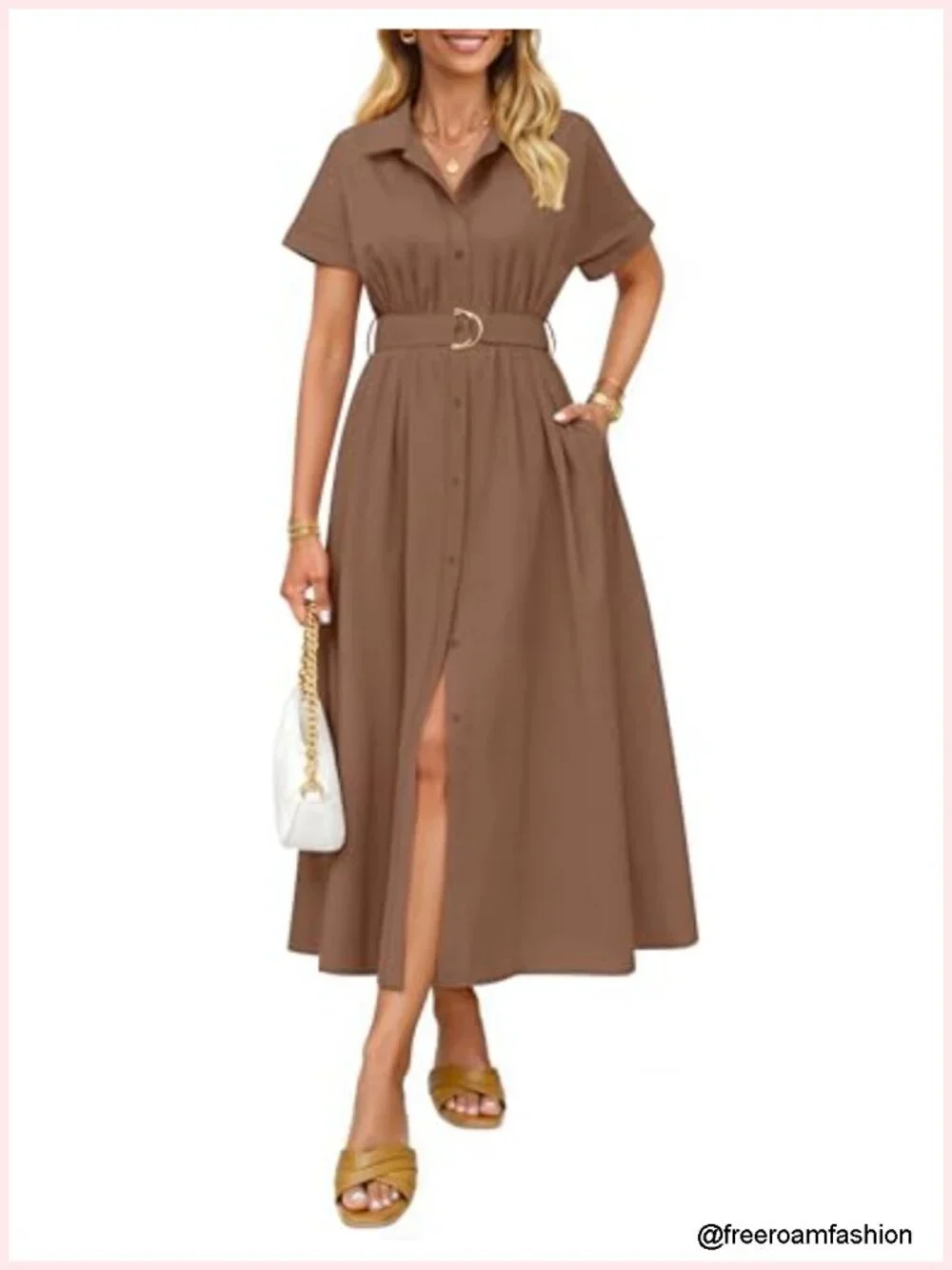 Short Sleeve Midi Dress with Pockets, Button Down, A-Line, Belt, Business Casual